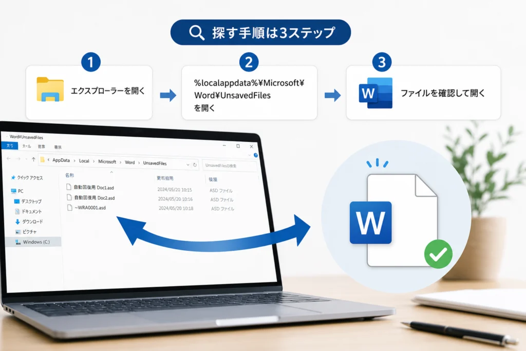 Windowsで「保存しない」を押したWord文書を探す手順