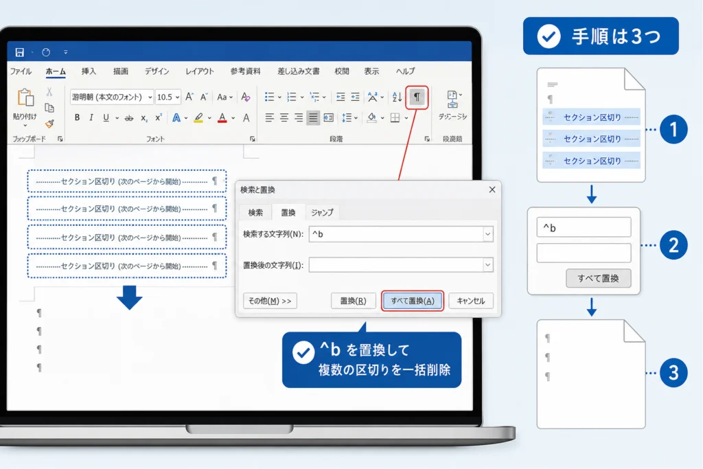 Windowsで複数のセクション区切りを一括削除する方法：置換コード^b