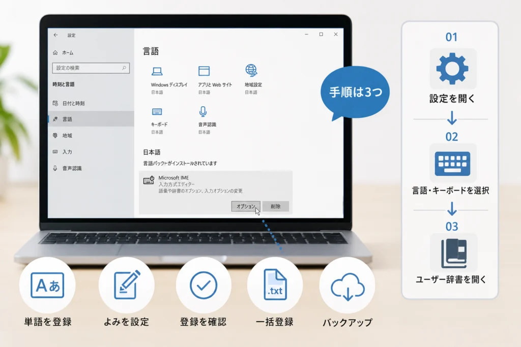 Windowsの設定から単語登録とユーザー辞書を開くには？