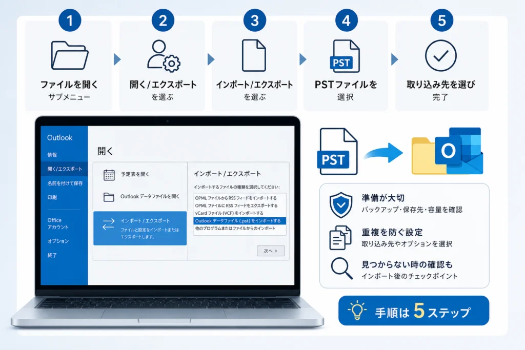 Windows版クラシックOutlookでPSTをインポートする手順