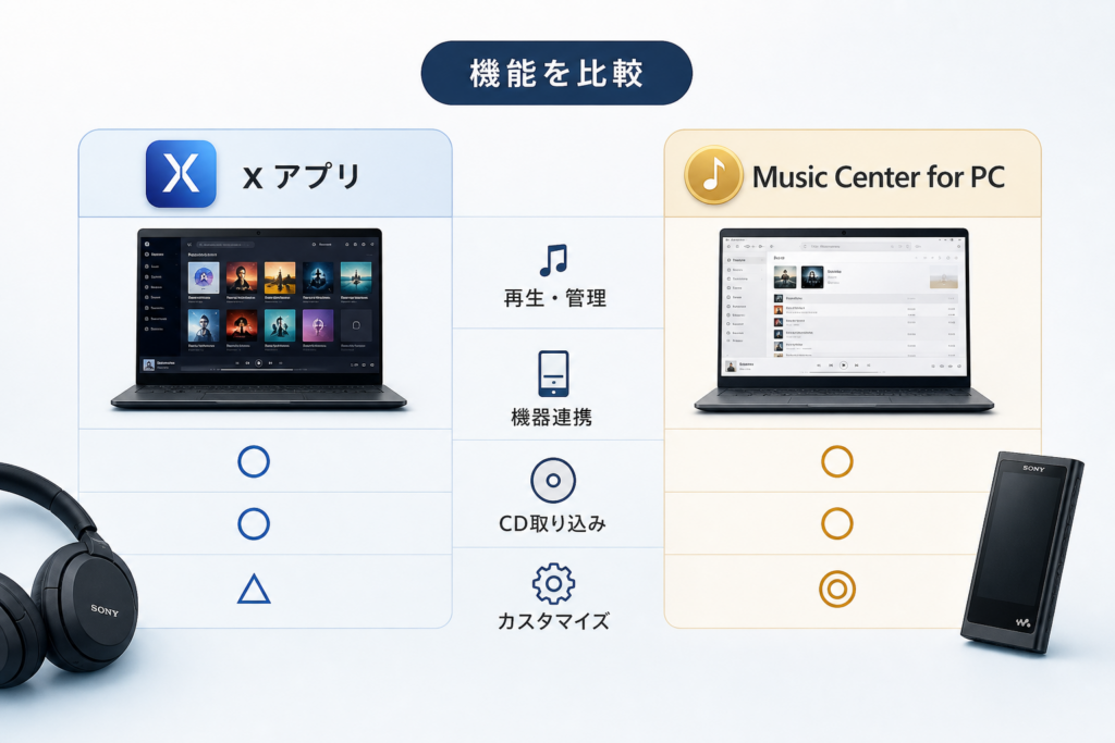 xアプリと後継Music Center for PCの機能比較