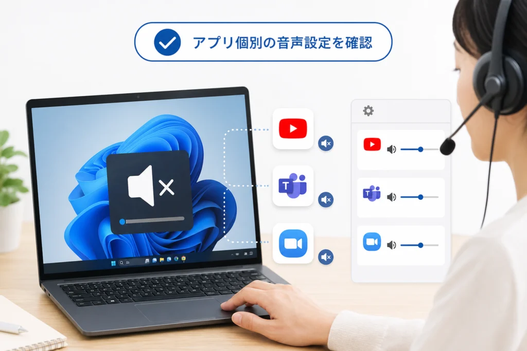 YouTubeやTeamsなど、特定のアプリだけ無音なら？
